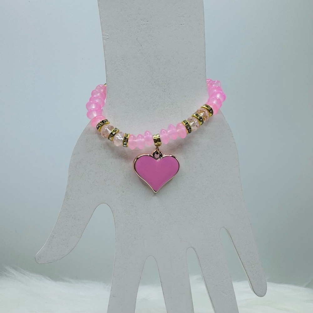 Pink Beaded Bracelet Heart Pendant Bracelet